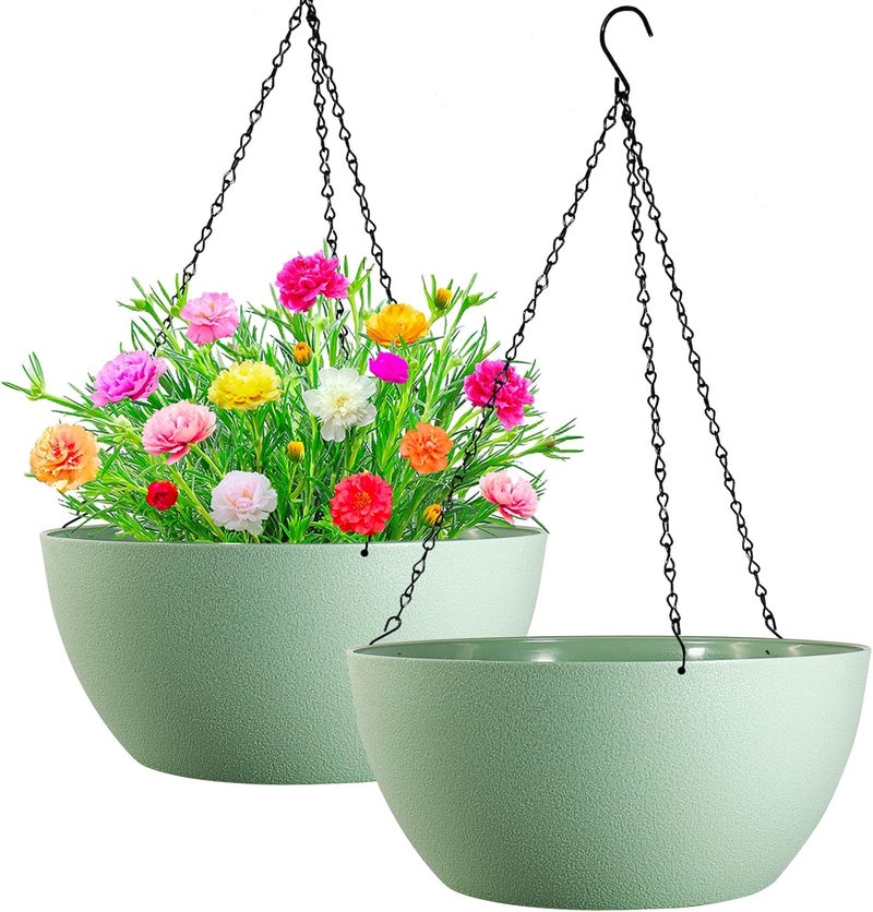 WOUSIWER 13 inch 2 Pack Large Hanging Planters for Indoor Outdoor Plants with Drainage Holes and Chain, Round Hanging Flower Pots for Garden Home Porch Decor, Green - Image 1
